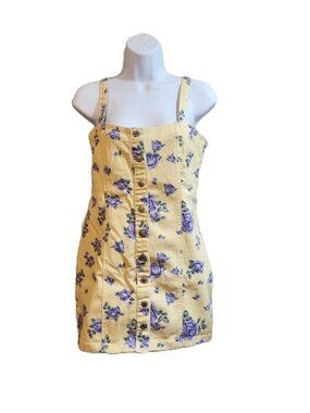 Forever 21 Yellow Blue Floral Denim Overall Dress, Medium